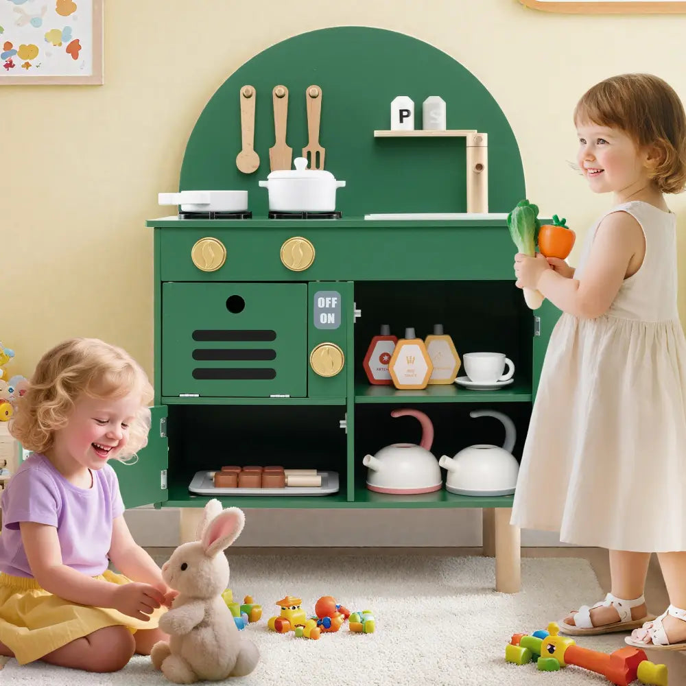 Play Kitchen for Kids Wooden Kitchen Playset with Stoves Faucet Sink Microwave and Oven-Green - Green - Play Kitchen