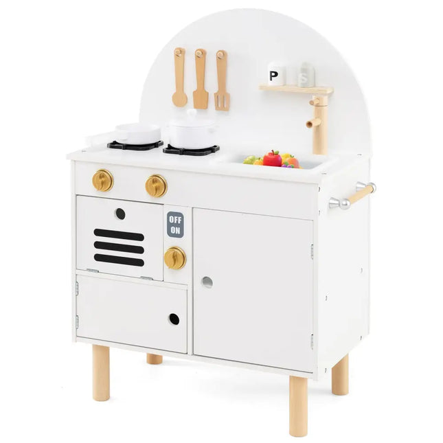 Play Kitchen for Kids Wooden Kitchen Playset with Stoves Faucet Sink Microwave and Oven - White - Oasis Home Essentials