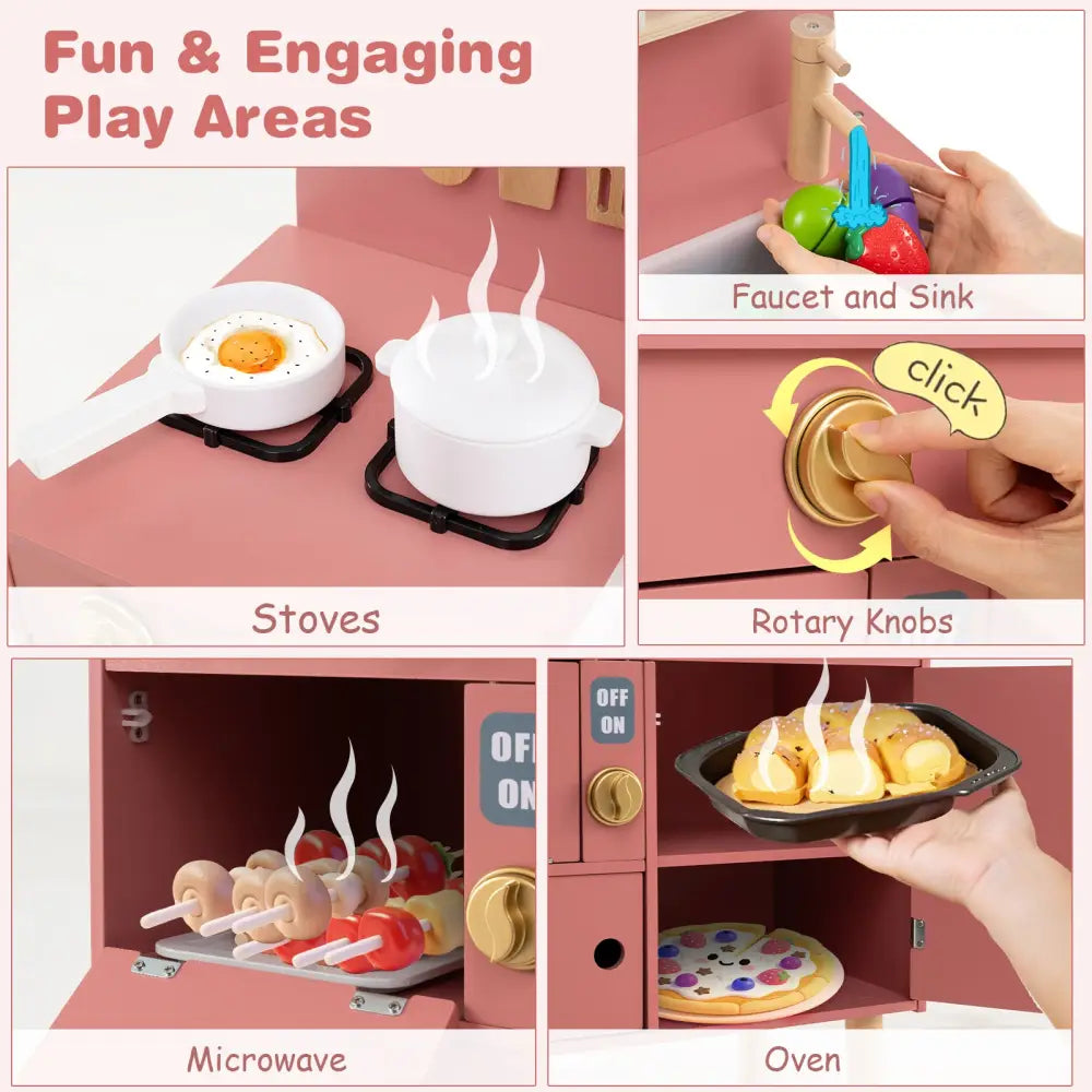 Play Kitchen for Kids Wooden Kitchen Playset with Stoves Faucet Sink Microwave and Oven-Pink - Pink - Play Kitchen Sets