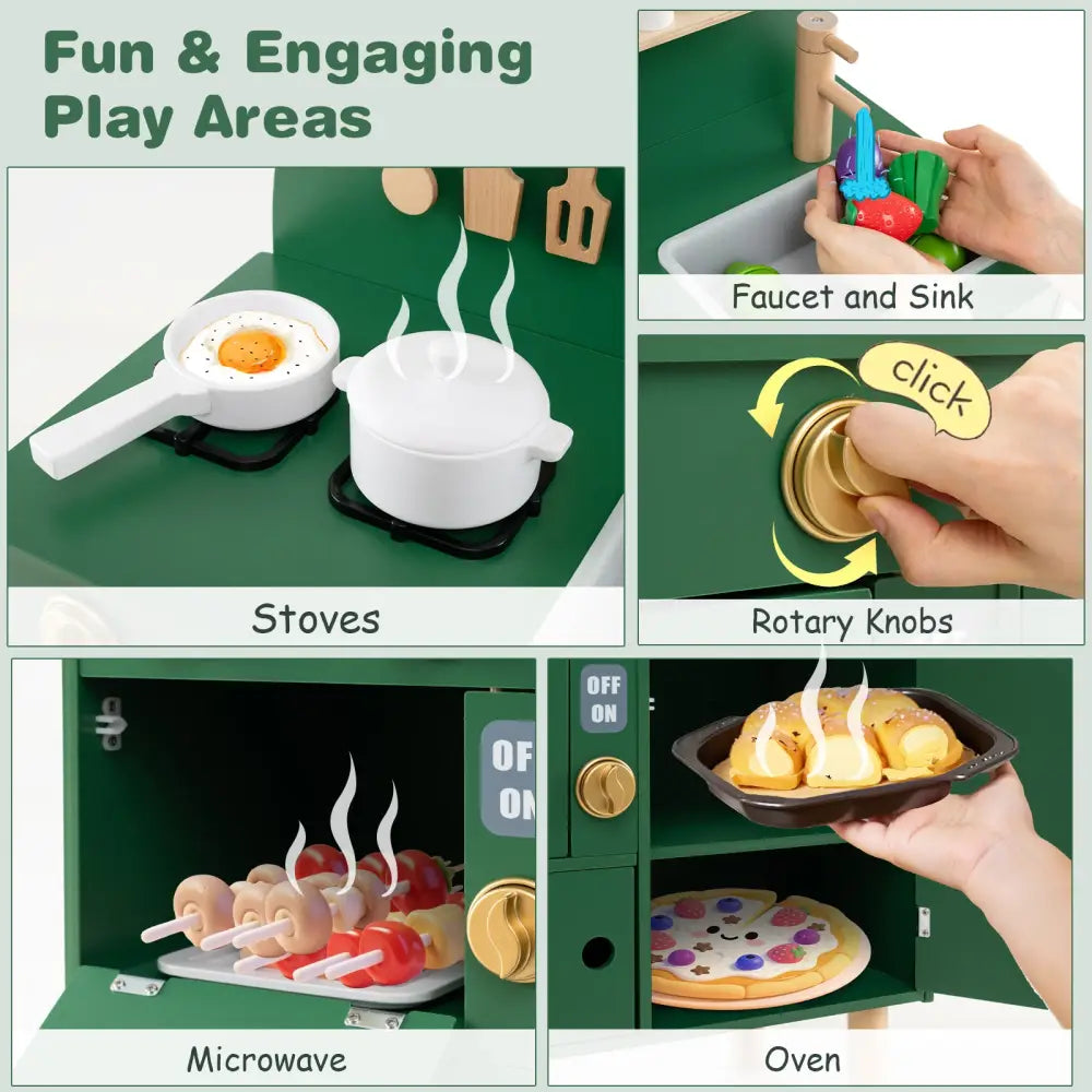 Play Kitchen for Kids Wooden Kitchen Playset with Stoves Faucet Sink Microwave and Oven-Green - Green - Play Kitchen