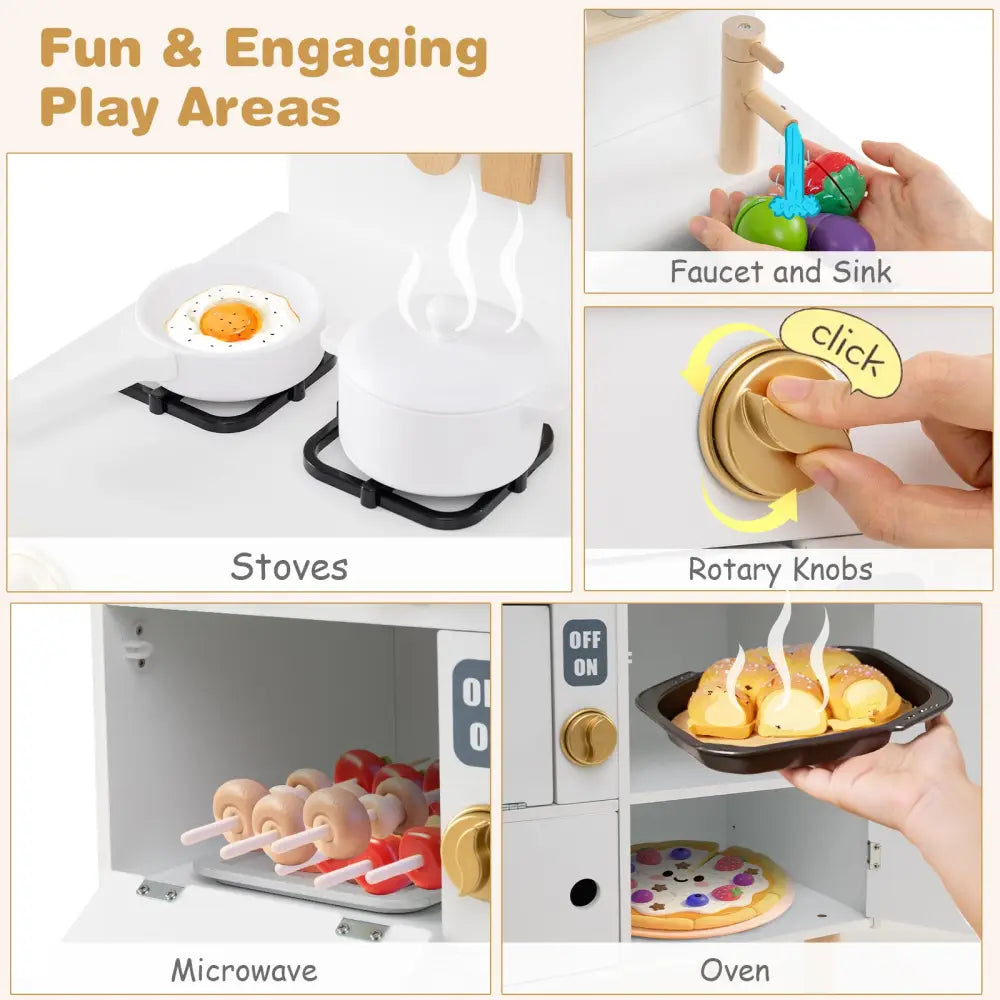 Play Kitchen for Kids Wooden Kitchen Playset with Stoves Faucet Sink Microwave and Oven-White - White - Play Kitchen