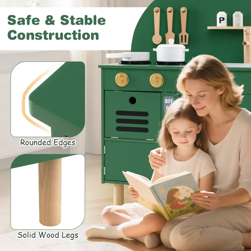 Play Kitchen for Kids Wooden Kitchen Playset with Stoves Faucet Sink Microwave and Oven-Green - Green - Play Kitchen