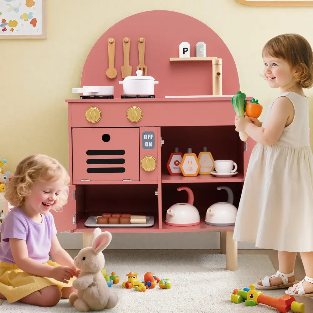 Play Kitchen for Kids Wooden Kitchen Playset with Stoves Faucet Sink Microwave and Oven-Pink - Pink - Play Kitchen Sets