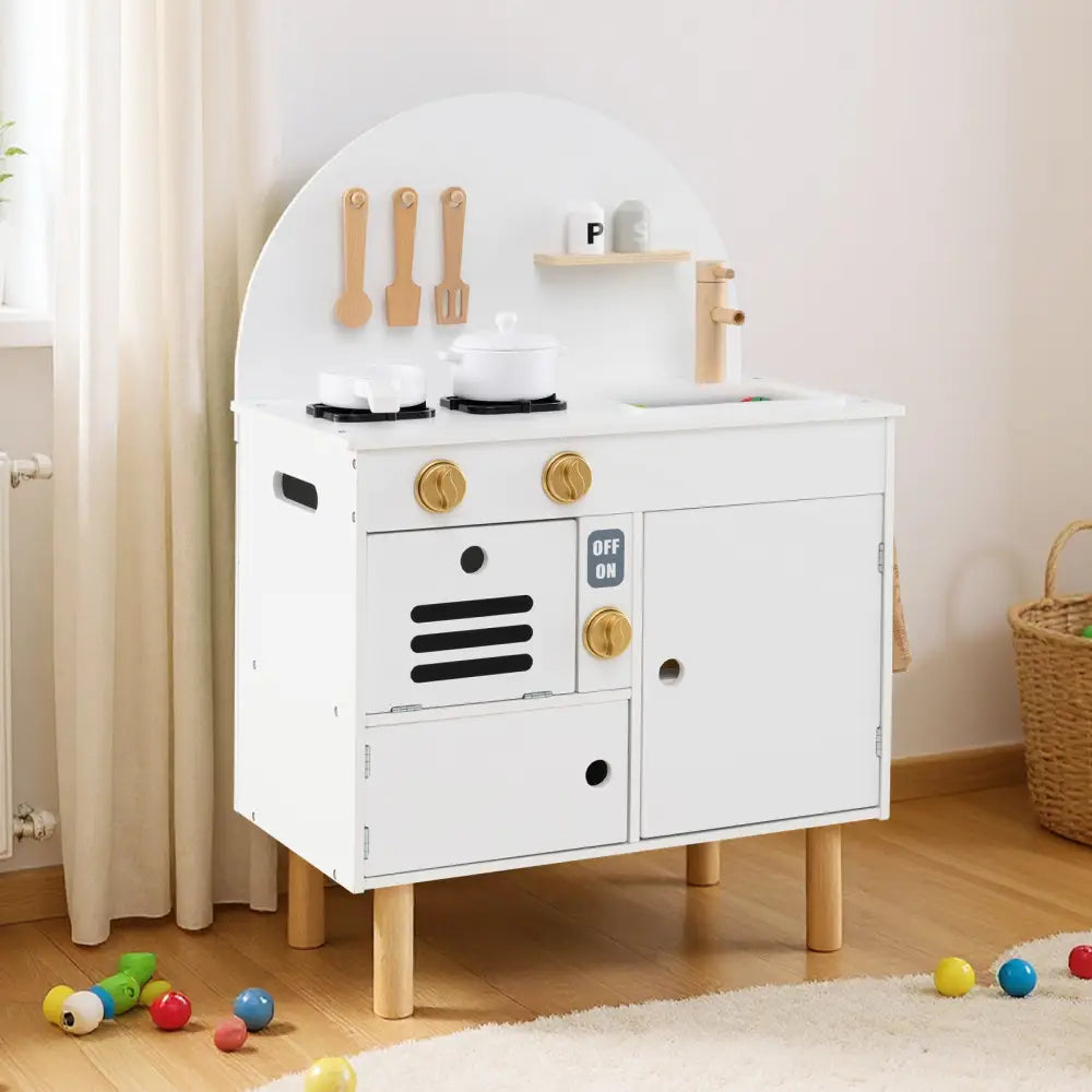 Play Kitchen for Kids Wooden Kitchen Playset with Stoves Faucet Sink Microwave and Oven-White - White - Play Kitchen