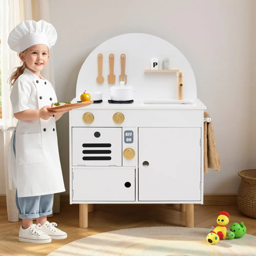 Play Kitchen for Kids Wooden Kitchen Playset with Stoves Faucet Sink Microwave and Oven-White - White - Play Kitchen