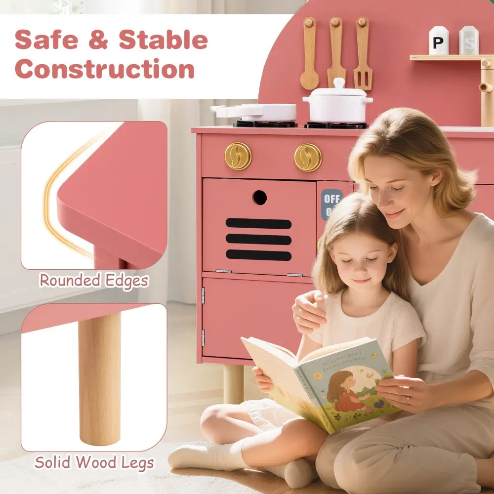 Play Kitchen for Kids Wooden Kitchen Playset with Stoves Faucet Sink Microwave and Oven-Pink - Pink - Play Kitchen Sets