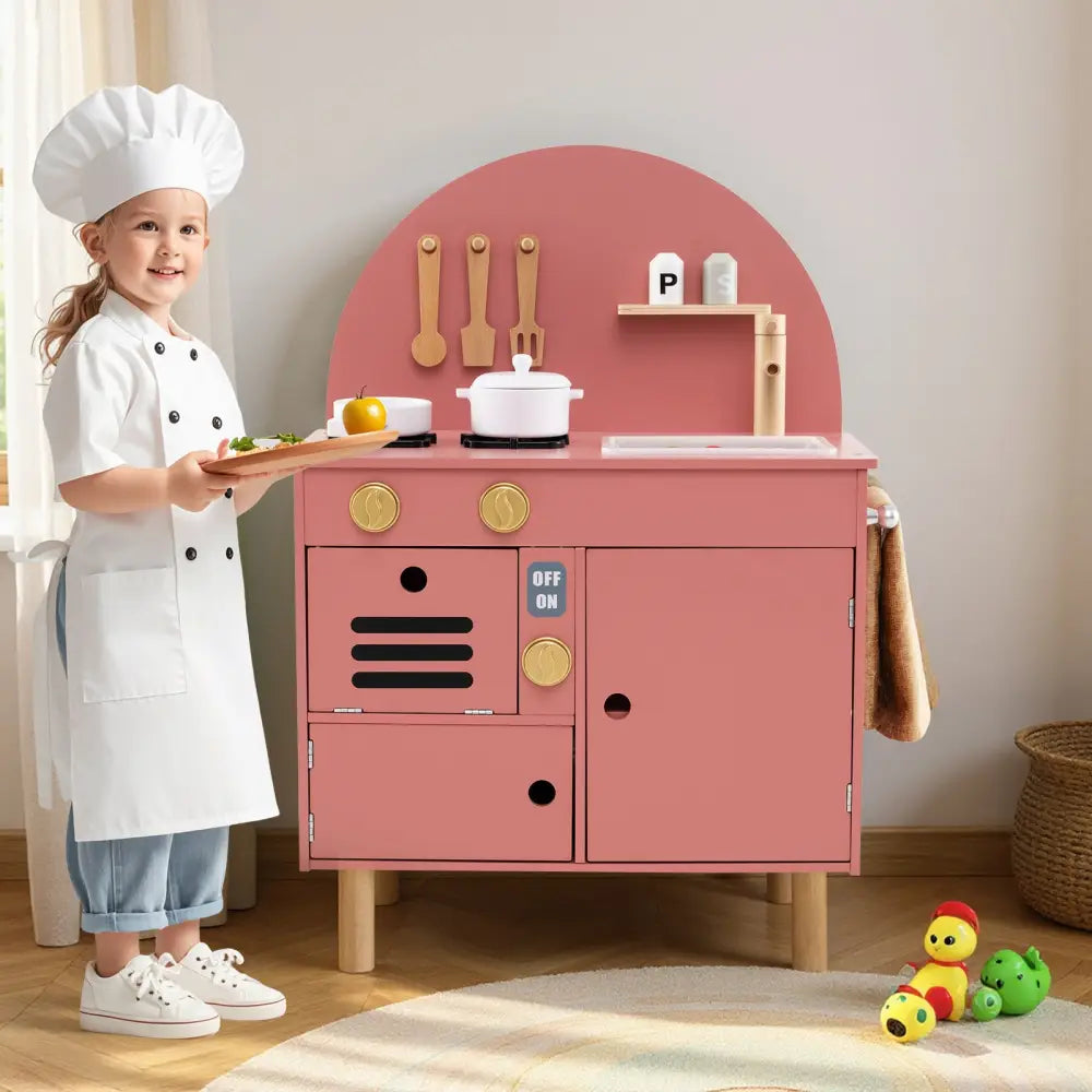 Play Kitchen for Kids Wooden Kitchen Playset with Stoves Faucet Sink Microwave and Oven-Pink - Pink - Play Kitchen Sets