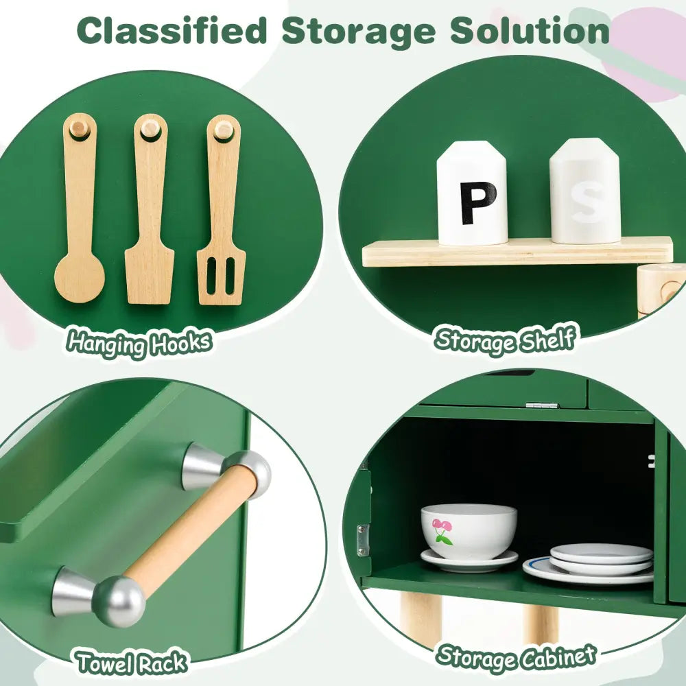Play Kitchen for Kids Wooden Kitchen Playset with Stoves Faucet Sink Microwave and Oven-Green - Green - Play Kitchen