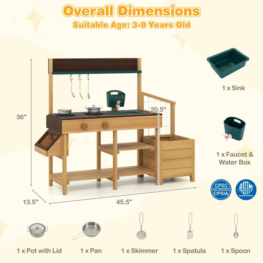 Play Kitchen for Kids Wooden Toy Kitchen Playset Pretend Mud Kitchen-Brown - Brown - Play Kitchen Sets
