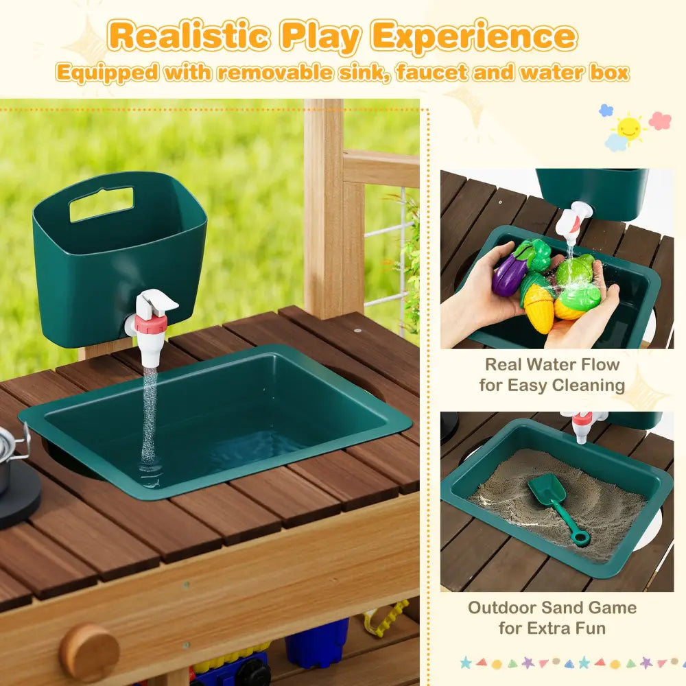 Play Kitchen for Kids Wooden Toy Kitchen Playset Pretend Mud Kitchen-Brown - Brown - Play Kitchen Sets