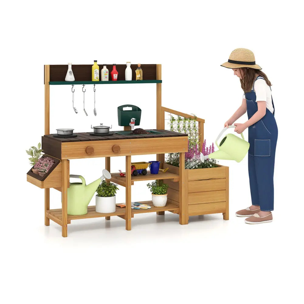 Play Kitchen for Kids Wooden Toy Kitchen Playset Pretend Mud Kitchen-Brown - Brown - Play Kitchen Sets