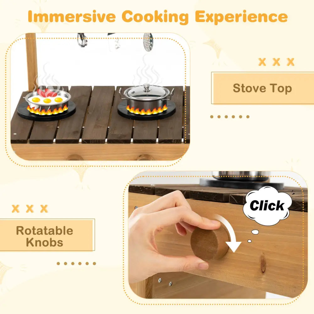 Play Kitchen for Kids Wooden Toy Kitchen Playset Pretend Mud Kitchen-Brown - Brown - Play Kitchen Sets