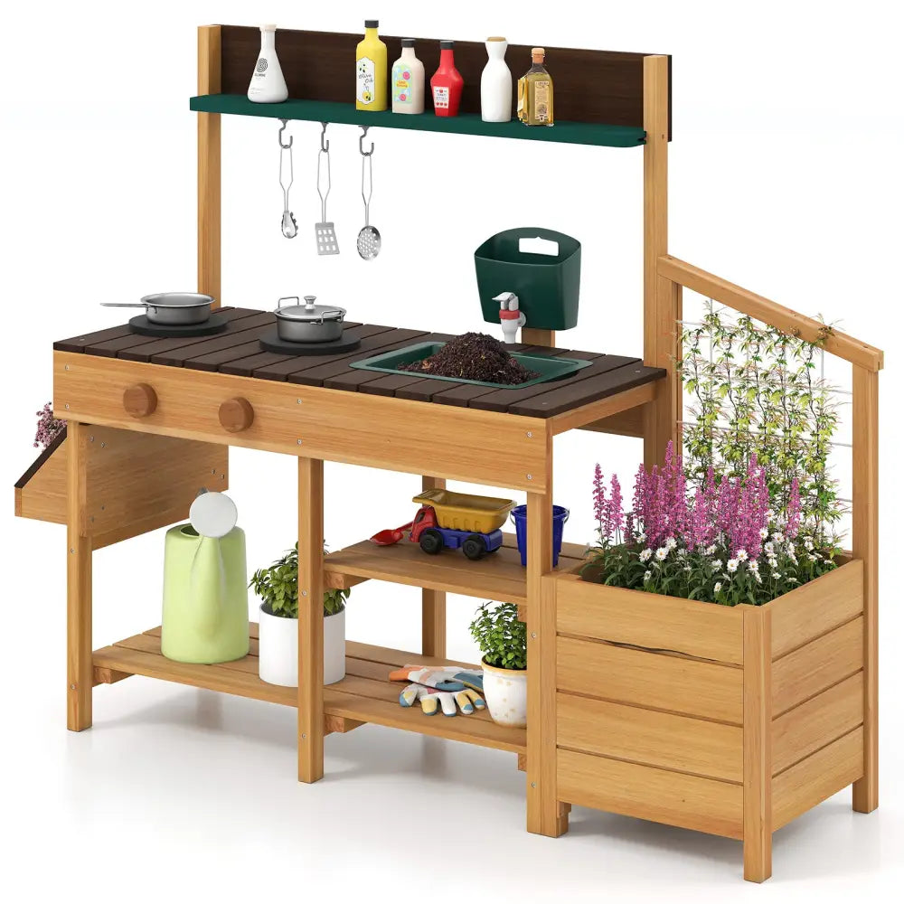 Play Kitchen for Kids Wooden Toy Kitchen Playset Pretend Mud Kitchen-Brown - Brown - Play Kitchen Sets