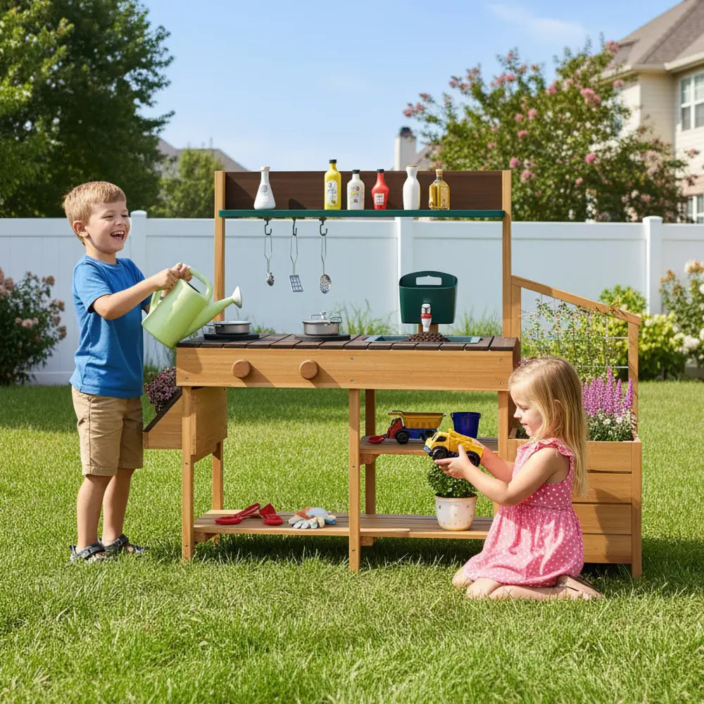 Play Kitchen for Kids Wooden Toy Kitchen Playset Pretend Mud Kitchen-Brown - Brown - Play Kitchen Sets