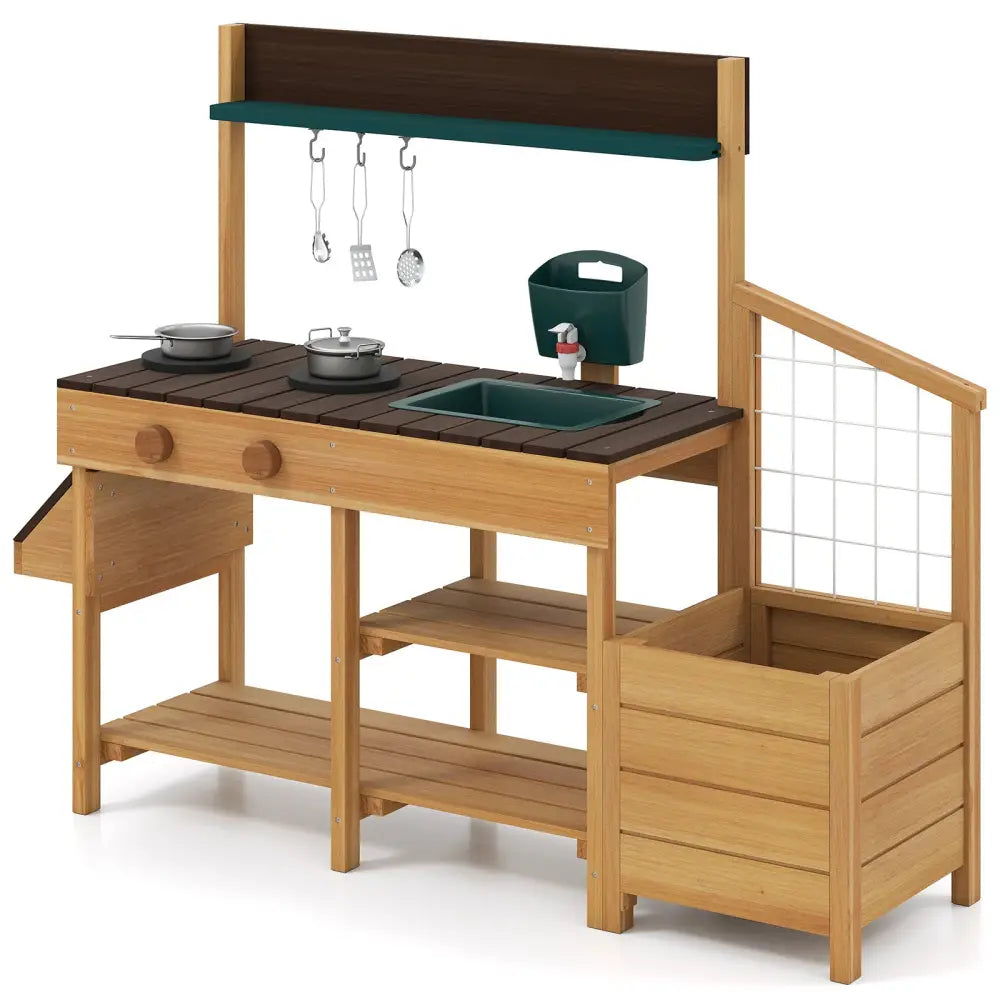 Play Kitchen for Kids Wooden Toy Kitchen Playset Pretend Mud Kitchen-Brown - Brown - Play Kitchen Sets