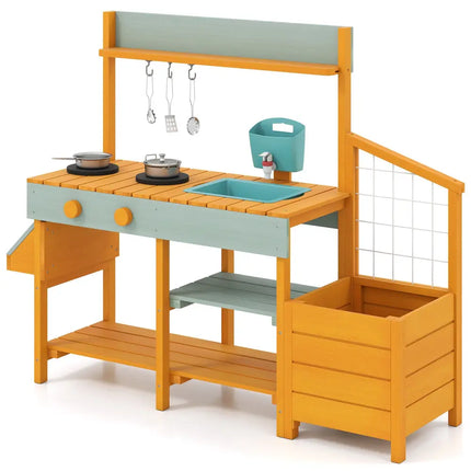 Play Kitchen for Kids Wooden Toy Kitchen Playset Pretend Mud Kitchen-Yellow - Yellow - Play Kitchen Sets