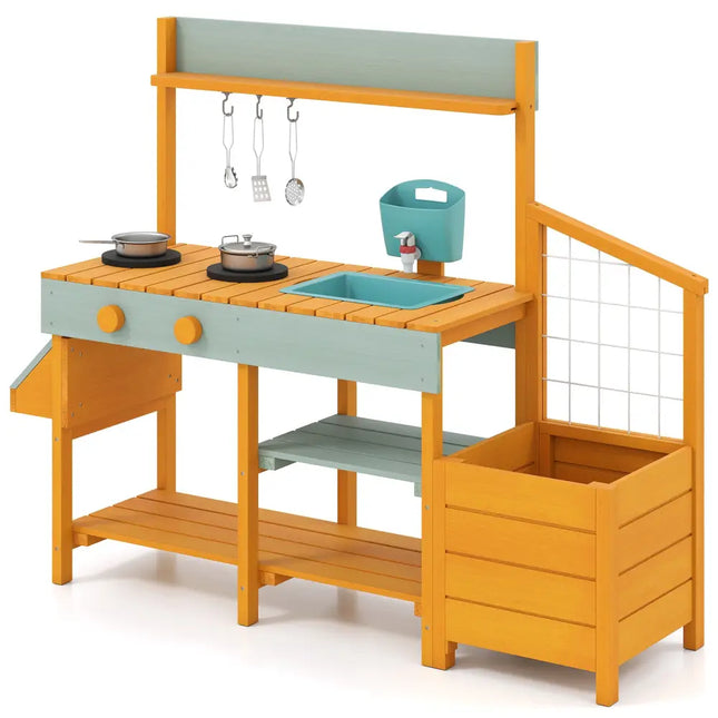 Play Kitchen for Kids Wooden Toy Kitchen Playset Pretend Mud Kitchen-Yellow - Yellow - Play Kitchen Sets