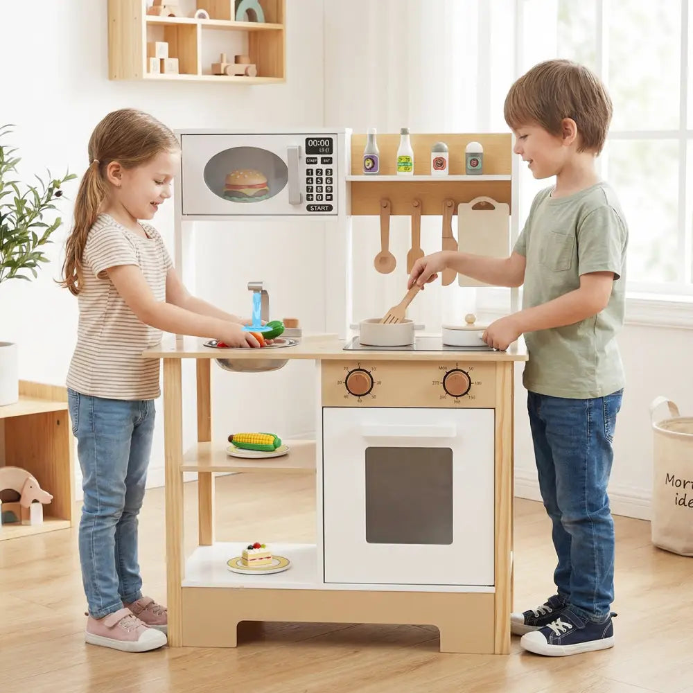 Play Kitchen Wooden Toy Kitchen Playset with Chalkboard Birthday Gift for Kids Aged 3 +-White - White - Play Kitchen