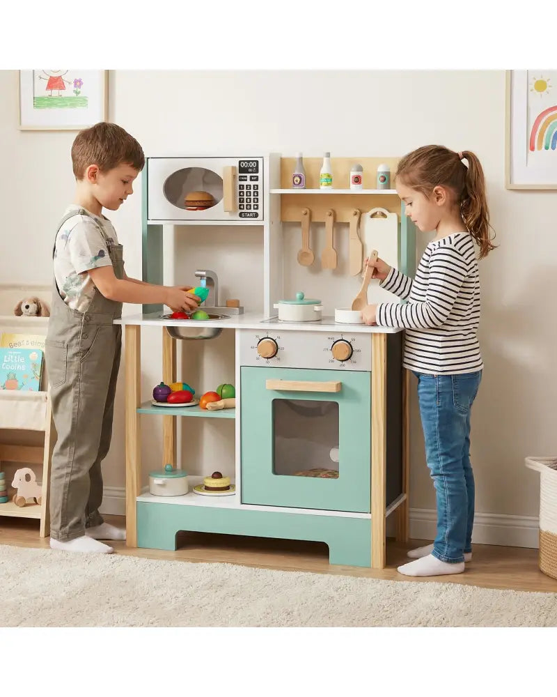 Play Kitchen Wooden Toy Kitchen Playset with Chalkboard Birthday Gift for Kids Aged 3 +-Green - Green - Play Kitchen