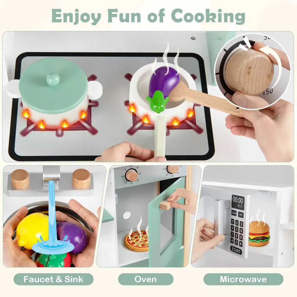 Play Kitchen Wooden Toy Kitchen Playset with Chalkboard Birthday Gift for Kids Aged 3 +-Green - Green - Play Kitchen