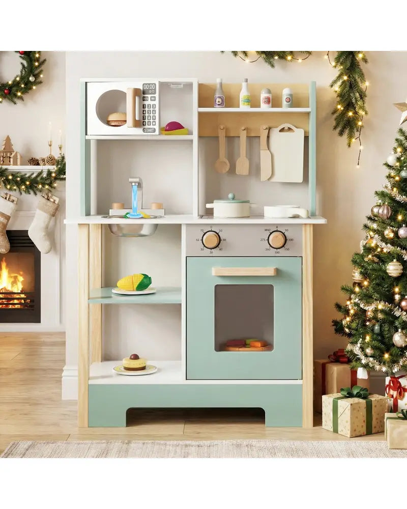 Play Kitchen Wooden Toy Kitchen Playset with Chalkboard Birthday Gift for Kids Aged 3 +-Green - Green - Play Kitchen