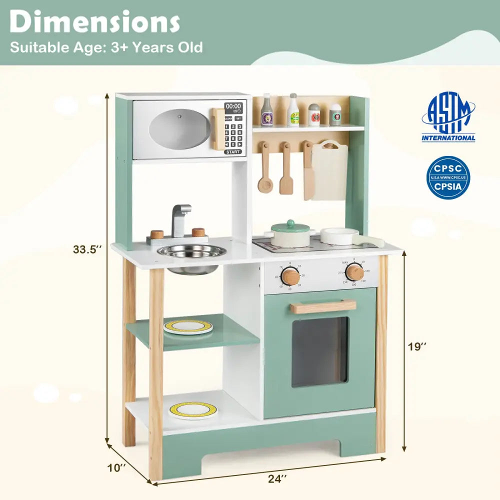 Play Kitchen Wooden Toy Kitchen Playset with Chalkboard Birthday Gift for Kids Aged 3 +-Green - Green - Play Kitchen
