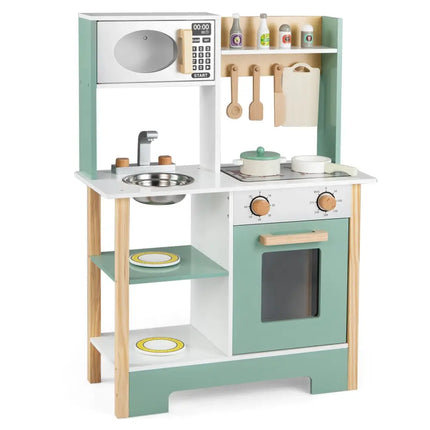 Play Kitchen Wooden Toy Kitchen Playset with Chalkboard Birthday Gift for Kids Aged 3 + - Green - Oasis Home Essentials
