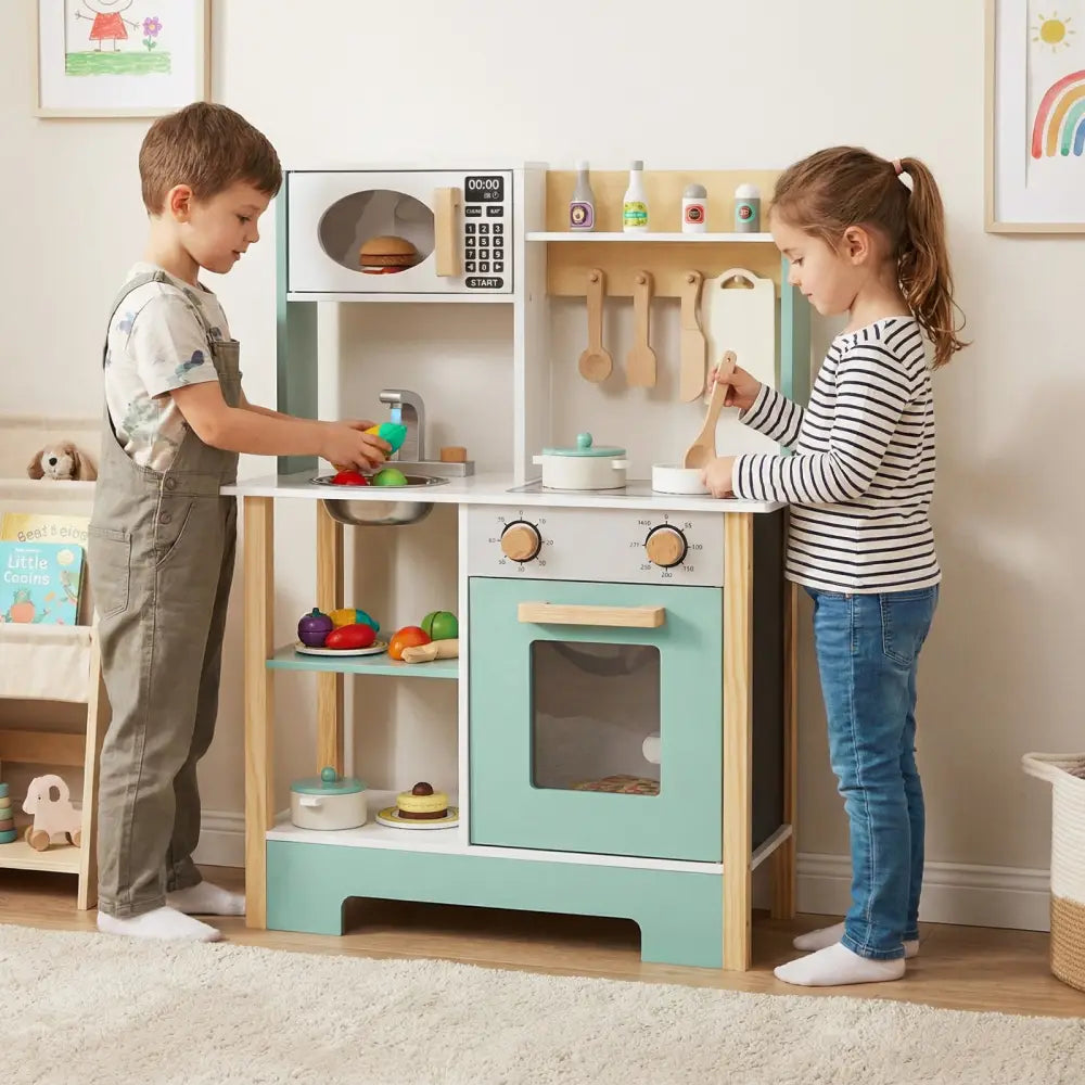 Play Kitchen Wooden Toy Kitchen Playset with Chalkboard Birthday Gift for Kids Aged 3 +-Green - Green - Play Kitchen