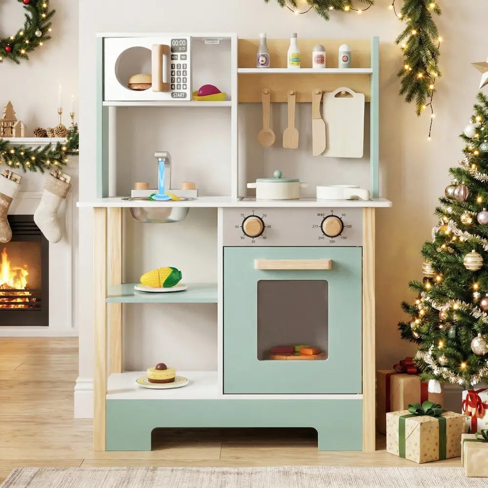 Play Kitchen Wooden Toy Kitchen Playset with Chalkboard Birthday Gift for Kids Aged 3 +-Green - Green - Play Kitchen