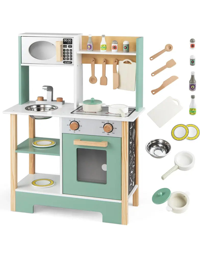 Play Kitchen Wooden Toy Kitchen Playset with Chalkboard Birthday Gift for Kids Aged 3 +-Green - Green - Play Kitchen