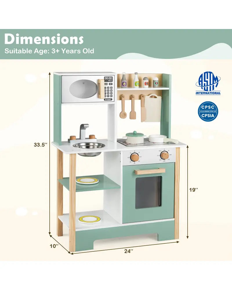 Play Kitchen Wooden Toy Kitchen Playset with Chalkboard Birthday Gift for Kids Aged 3 +-Green - Green - Play Kitchen