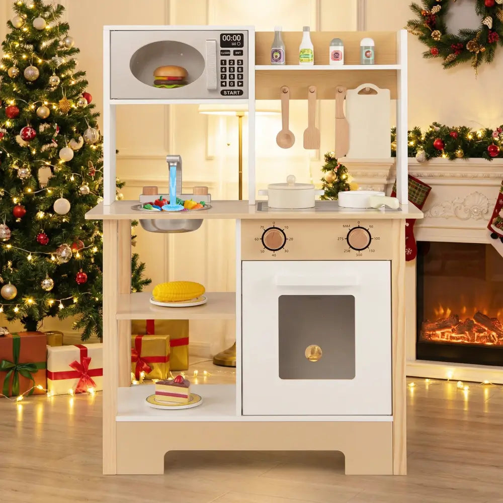 Play Kitchen Wooden Toy Kitchen Playset with Chalkboard Birthday Gift for Kids Aged 3 +-White - White - Play Kitchen