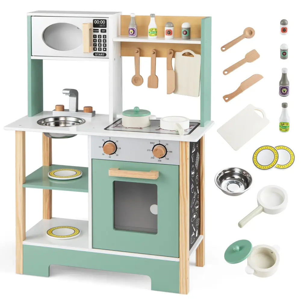Play Kitchen Wooden Toy Kitchen Playset with Chalkboard Birthday Gift for Kids Aged 3 +-Green - Green - Play Kitchen