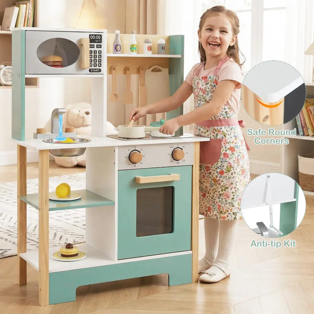 Play Kitchen Wooden Toy Kitchen Playset with Chalkboard Birthday Gift for Kids Aged 3 +-Green - Green - Play Kitchen