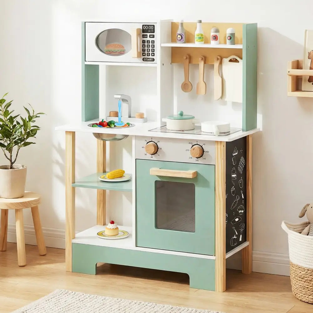 Play Kitchen Wooden Toy Kitchen Playset with Chalkboard Birthday Gift for Kids Aged 3 +-Green - Green - Play Kitchen