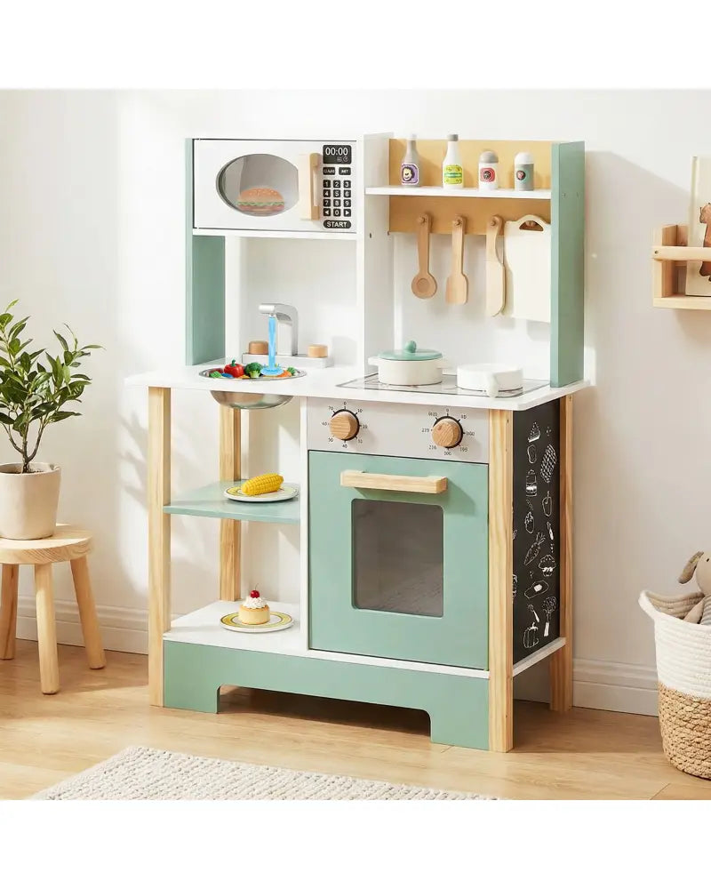 Play Kitchen Wooden Toy Kitchen Playset with Chalkboard Birthday Gift for Kids Aged 3 +-Green - Green - Play Kitchen