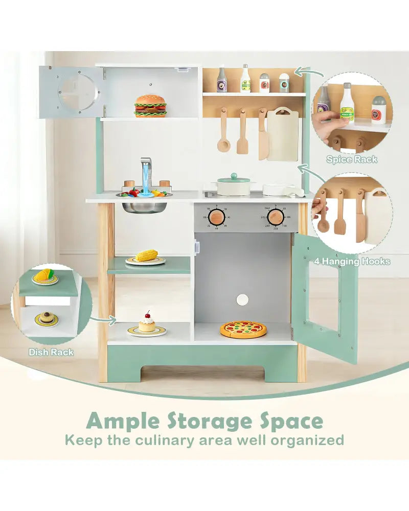 Play Kitchen Wooden Toy Kitchen Playset with Chalkboard Birthday Gift for Kids Aged 3 +-Green - Green - Play Kitchen