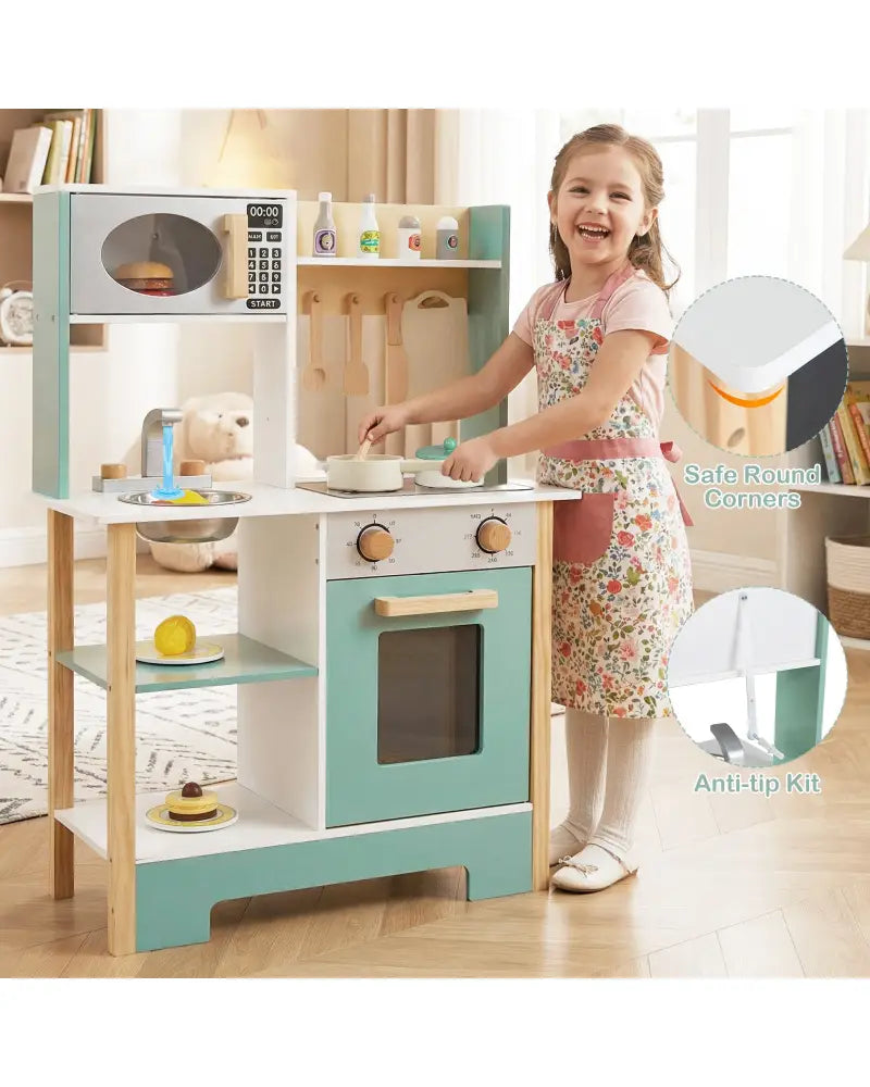 Play Kitchen Wooden Toy Kitchen Playset with Chalkboard Birthday Gift for Kids Aged 3 +-Green - Green - Play Kitchen