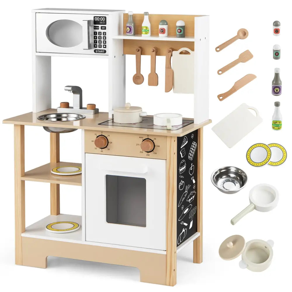Play Kitchen Wooden Toy Kitchen Playset with Chalkboard Birthday Gift for Kids Aged 3 +-White - White - Play Kitchen
