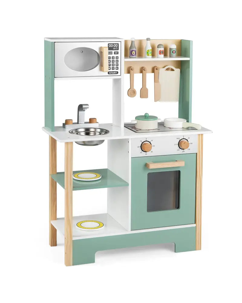 Play Kitchen Wooden Toy Kitchen Playset with Chalkboard Birthday Gift for Kids Aged 3 +-Green - Green - Play Kitchen