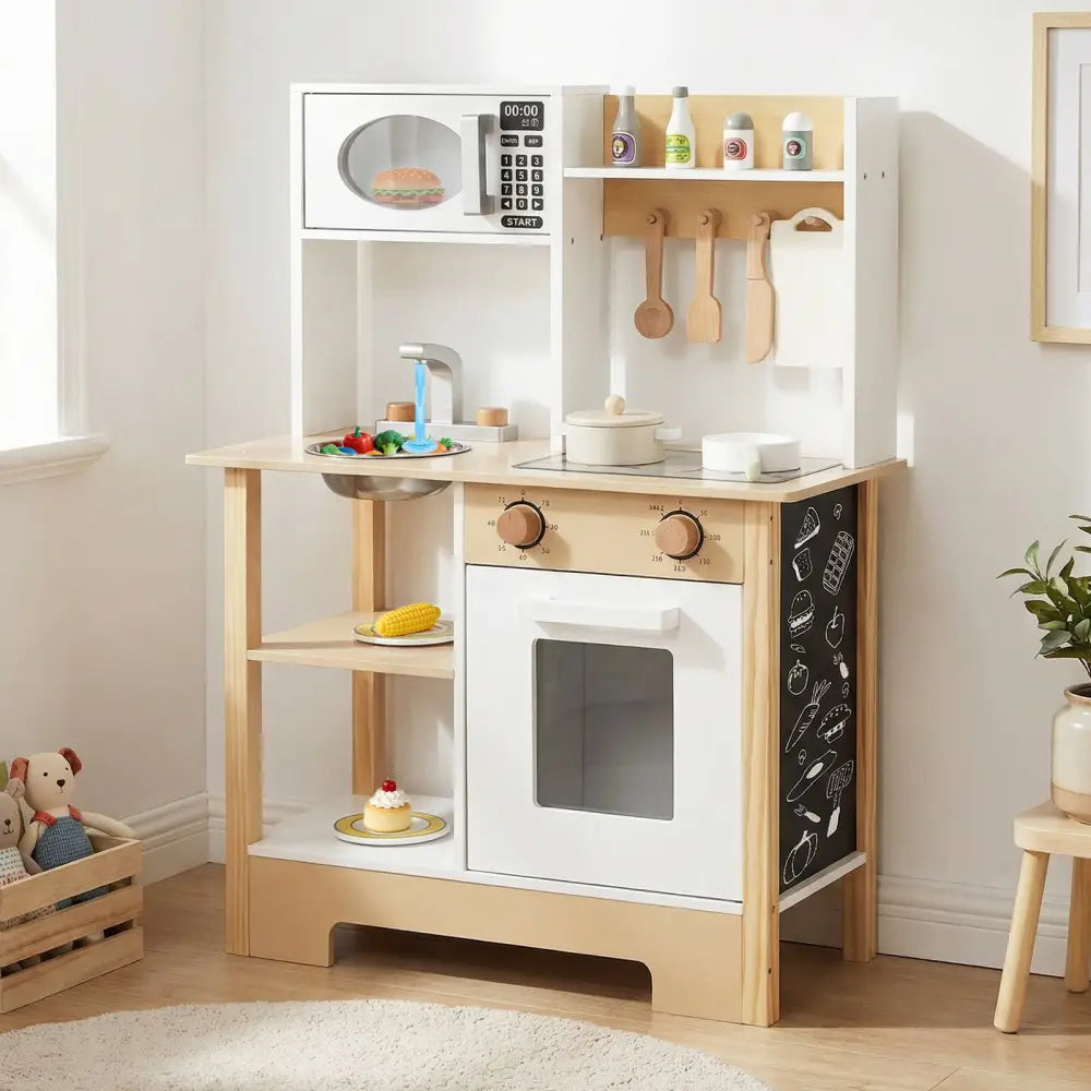 Play Kitchen Wooden Toy Kitchen Playset with Chalkboard Birthday Gift for Kids Aged 3 +-White - White - Play Kitchen
