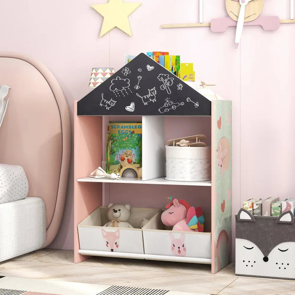 Playhouse Kids Bookshelf with Chalkboard and Whiteboard for 3-6 Years-Pink - Pink - Kids Storage