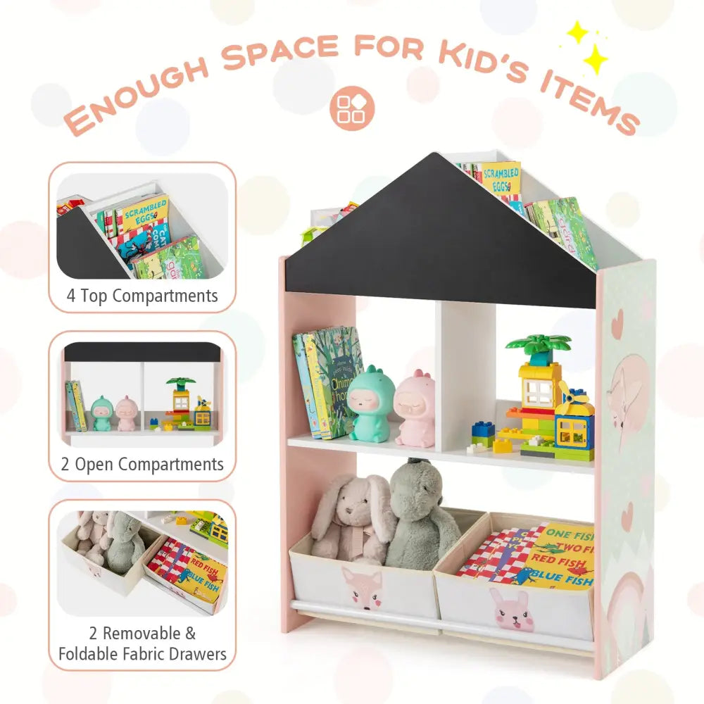 Playhouse Kids Bookshelf with Chalkboard and Whiteboard for 3-6 Years-Pink - Pink - Kids Storage