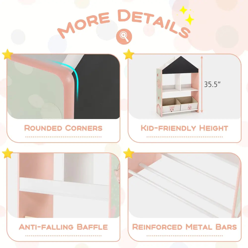 Playhouse Kids Bookshelf with Chalkboard and Whiteboard for 3-6 Years-Pink - Pink - Kids Storage
