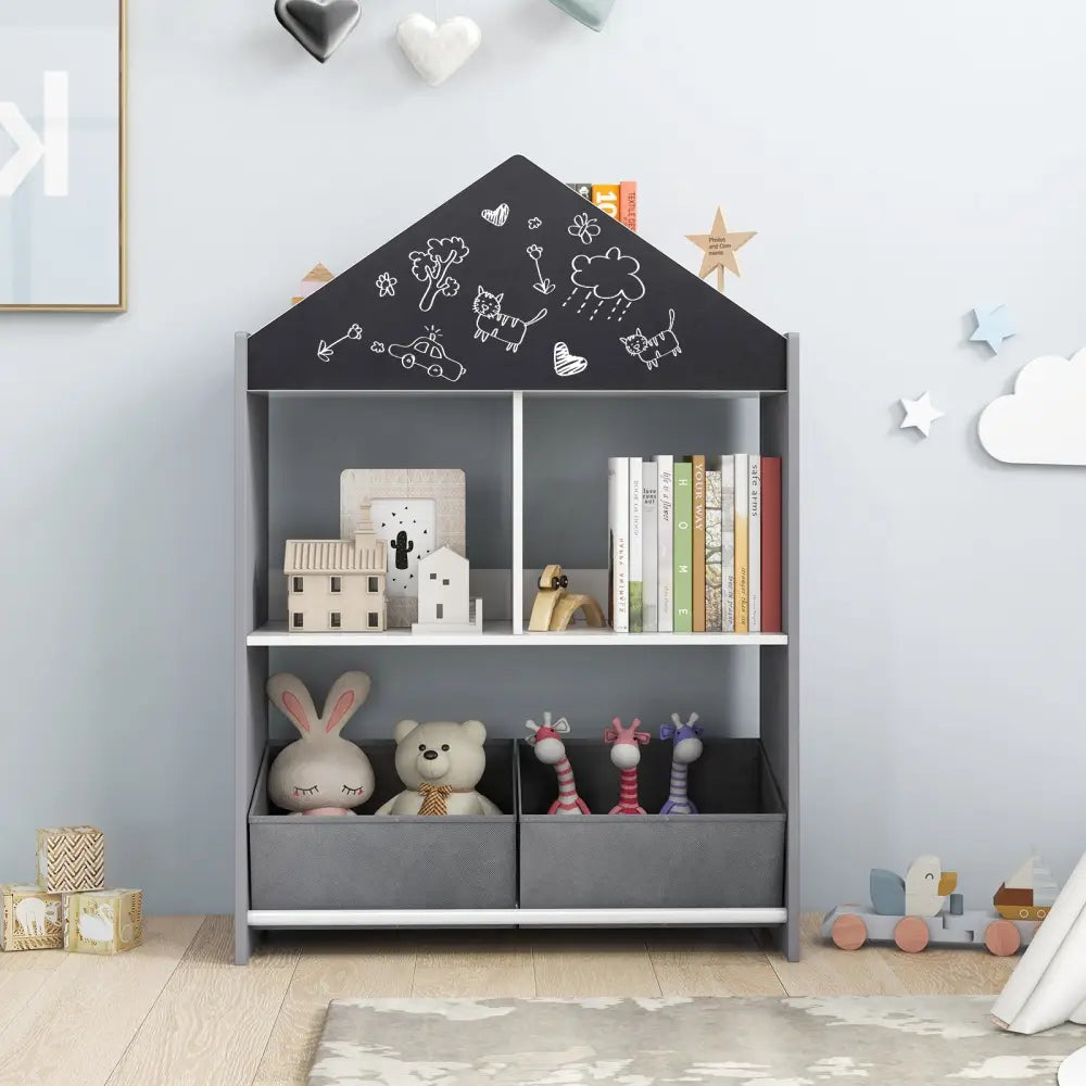 Playhouse Kids Bookshelf with Chalkboard and Whiteboard for 3-6 Years-Gray - Gray - Kids Storage