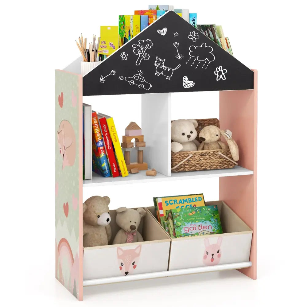 Playhouse Kids Bookshelf with Chalkboard and Whiteboard for 3-6 Years-Pink - Pink - Kids Storage