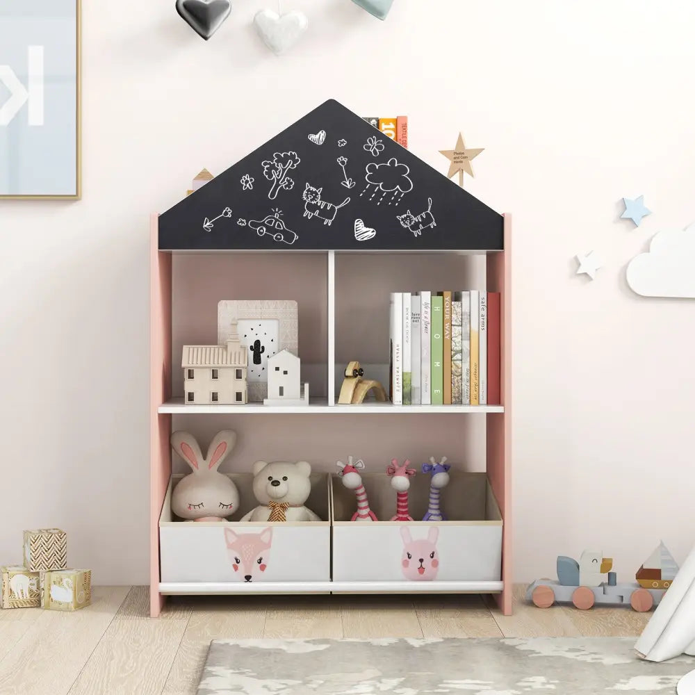 Playhouse Kids Bookshelf with Chalkboard and Whiteboard for 3-6 Years-Pink - Pink - Kids Storage