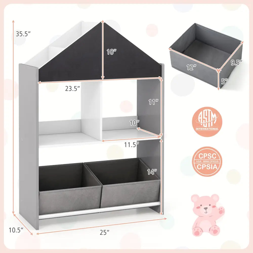 Playhouse Kids Bookshelf with Chalkboard and Whiteboard for 3-6 Years-Gray - Gray - Kids Storage