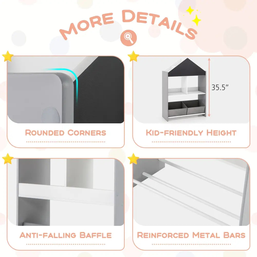 Playhouse Kids Bookshelf with Chalkboard and Whiteboard for 3-6 Years-Gray - Gray - Kids Storage