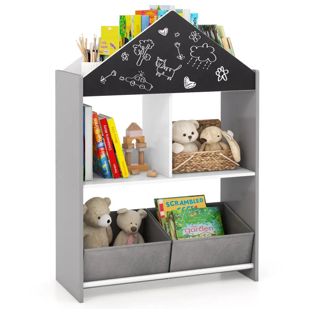Playhouse Kids Bookshelf with Chalkboard and Whiteboard for 3-6 Years-Gray - Gray - Kids Storage